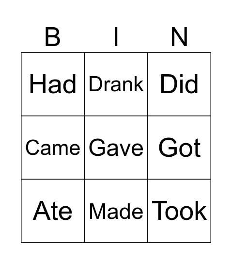 Past Tense Irregular Verbs Bingo Card