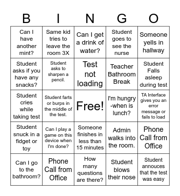 State Testing BINGO Card