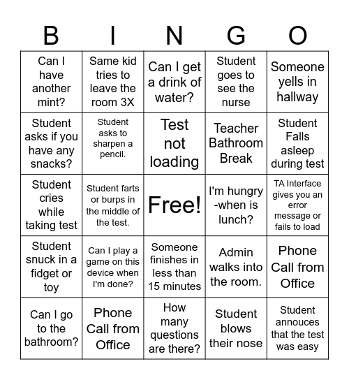 State Testing BINGO Card