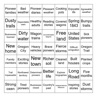 The Long Road to Oregon Bingo Card