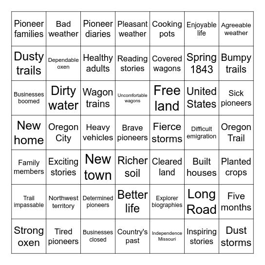 The Long Road to Oregon Bingo Card