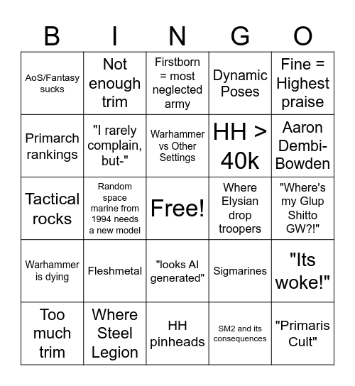 Warhammer Whingers Bingo Card