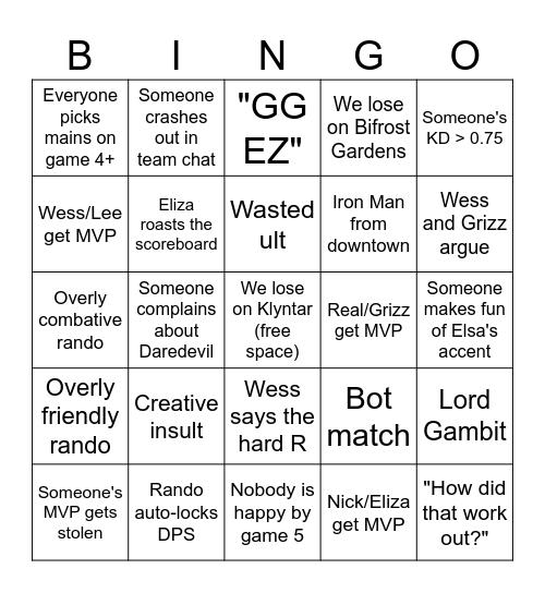 5 wins bingo Card