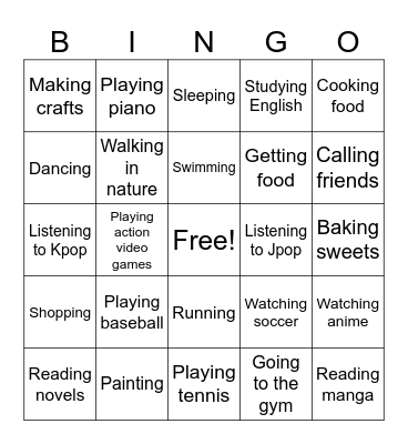 Spare Time Bingo Card