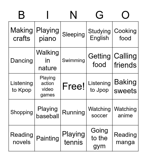 Spare Time Bingo Card