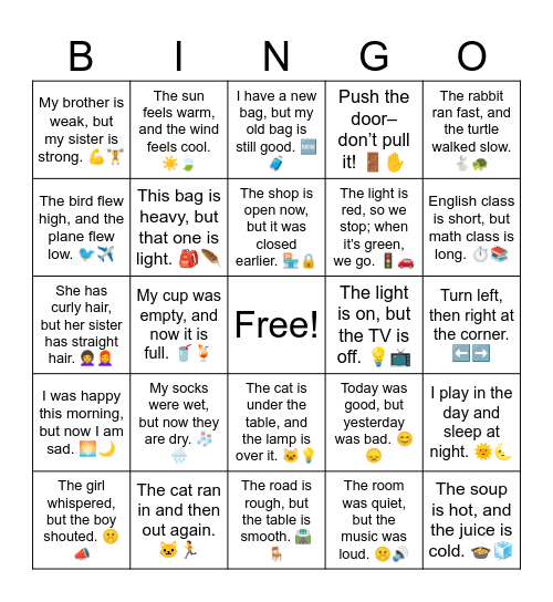 Opposite Song Pair Sentences Bingo Card