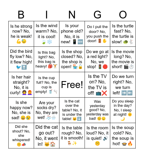 Opposite Song Pair Q&A Bingo Card