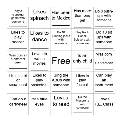 P.E. Cooperative Human Bingo Card