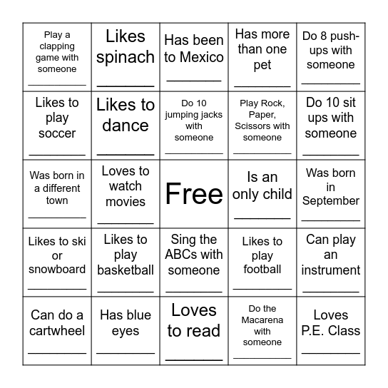 P.E. Cooperative Human Bingo Card