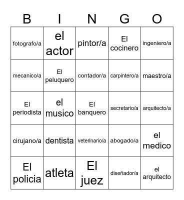 Las Ocupaciones Bingo Card