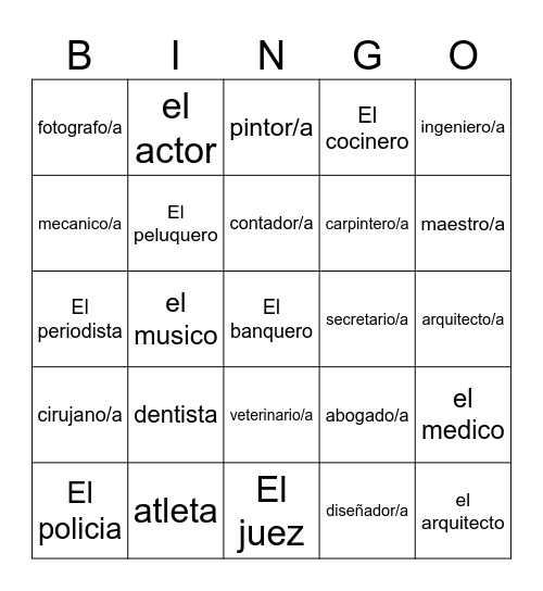 Las Ocupaciones Bingo Card