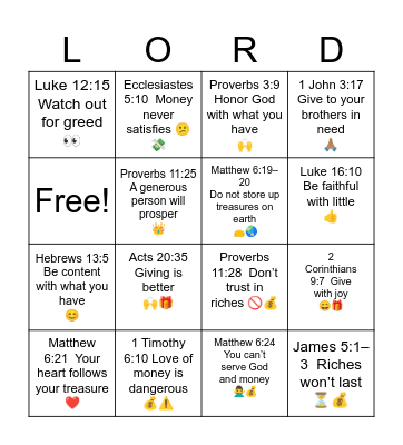 Benevolence Bingo Card
