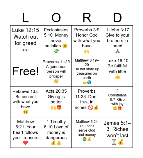 Benevolence Bingo Card
