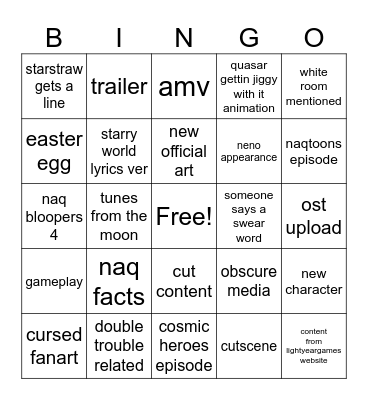 NAQTube Upload Bingo Card
