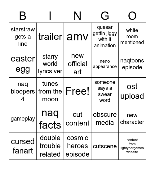 NAQTube Upload Bingo Card