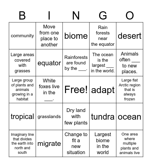 Biomes Bingo Card