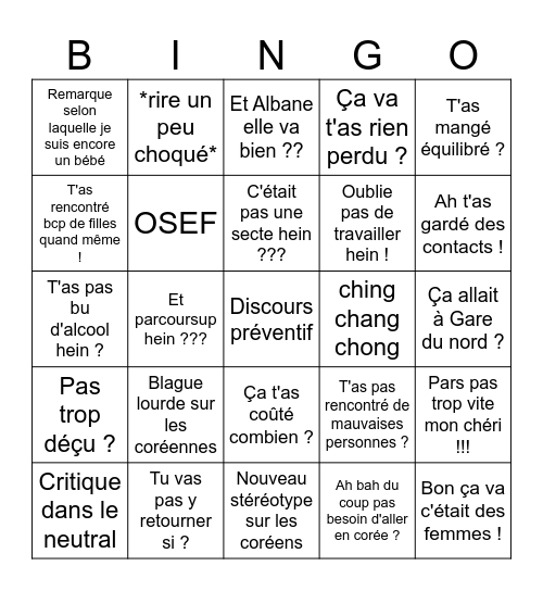 Voyage en Angleterre Parents Bingo Card