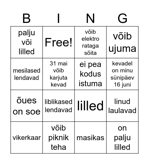 kevad Bingo Card
