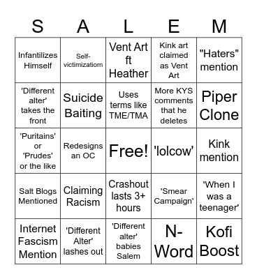 Crashout Bingo Card