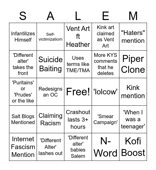 Crashout Bingo Card