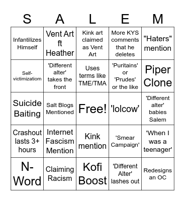 Crashout Bingo Card