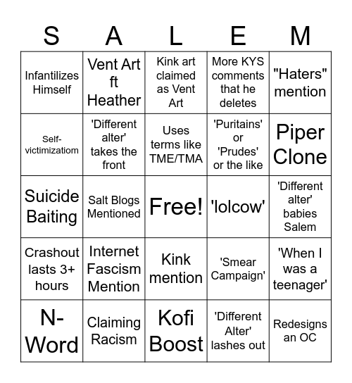 Crashout Bingo Card