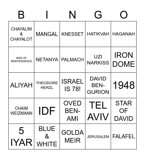 יום העצמאות Bingo Card