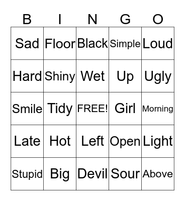 Antonyms Bingo Card