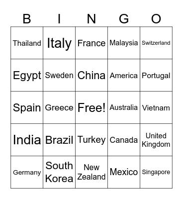 Country Name Bingo Card