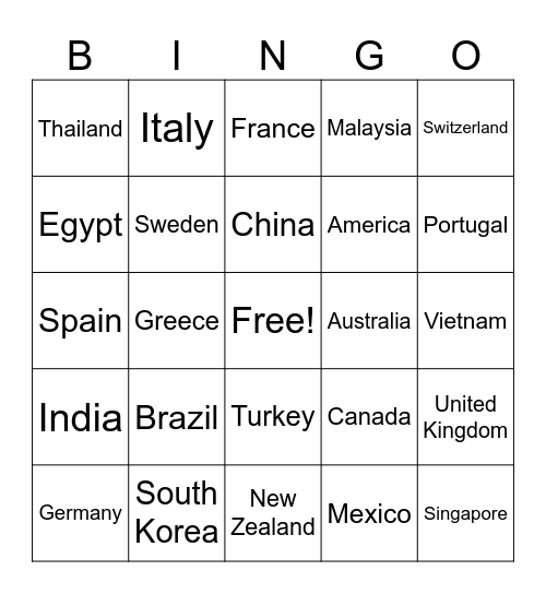 Country Name Bingo Card