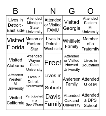 Whitfield Family Bingo Card