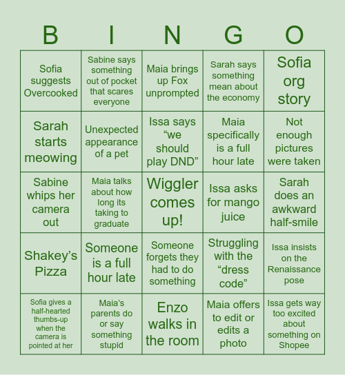 Squangout Bingo Card