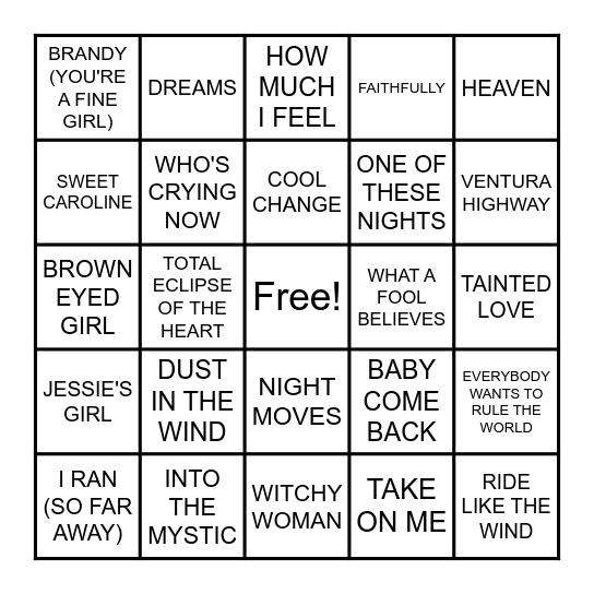 "THE BEST 80s PLAYLIST EVER" Bingo Card