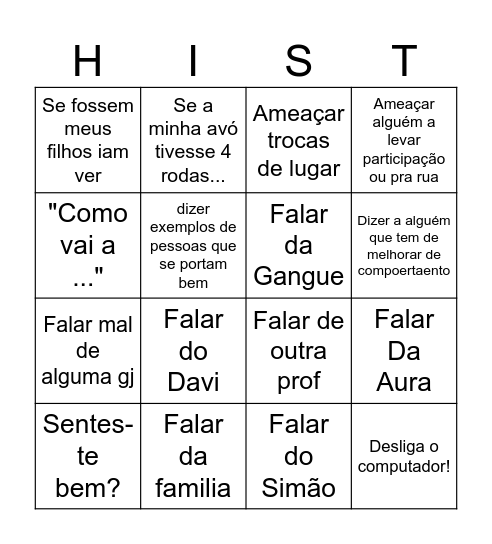 Professora de história Bingo Card