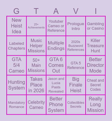 Grand Theft Auto VI Story Bingo Card