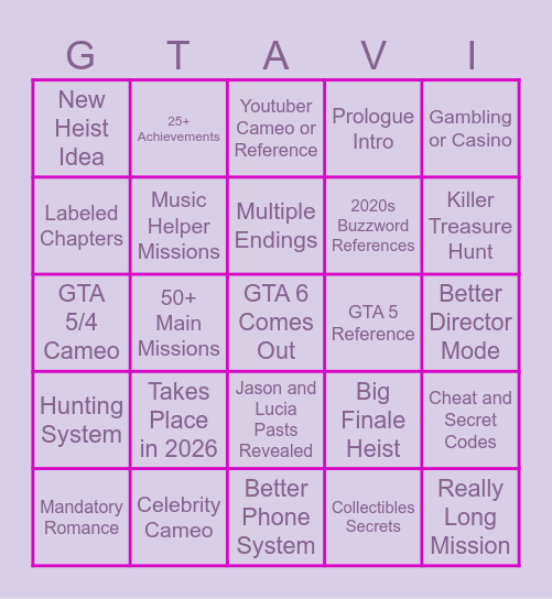 Grand Theft Auto VI Story Bingo Card