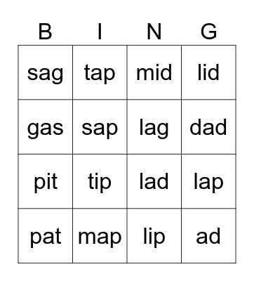 Phonics Bingo Card