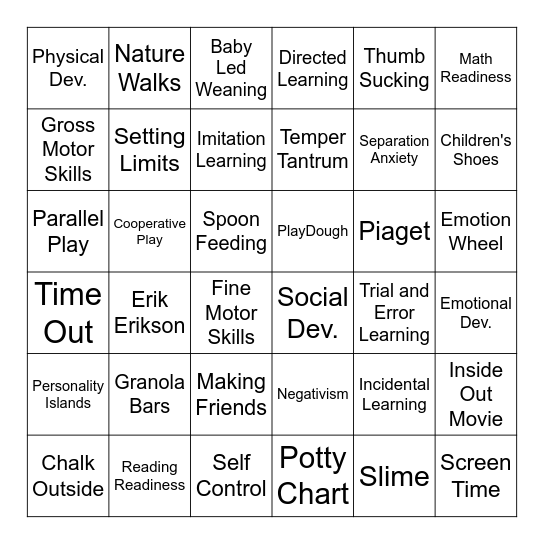 Child Development Bingo Card