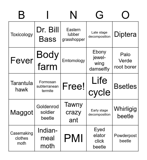 General Entomology Bingo Card
