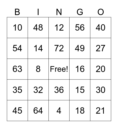 九九乘法賓果 Bingo Card