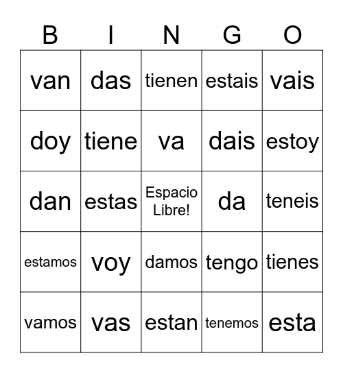 Ir, Dar, Estar, Tener Bingo Card