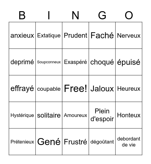 Emotions Bingo Card