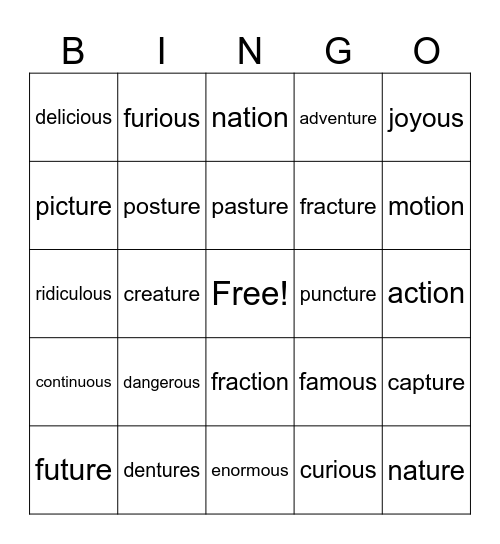 tion + ture + ous suffix Bingo Card