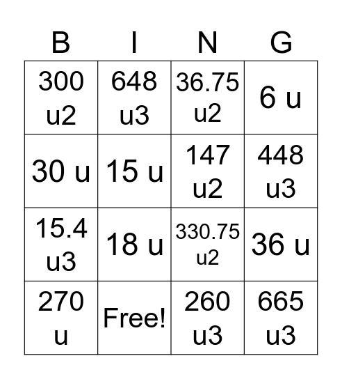 Volume, Area, Circumference BINGO! Bingo Card