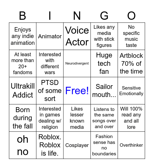 How Much Do YOU Relate to Me? Bingo Card