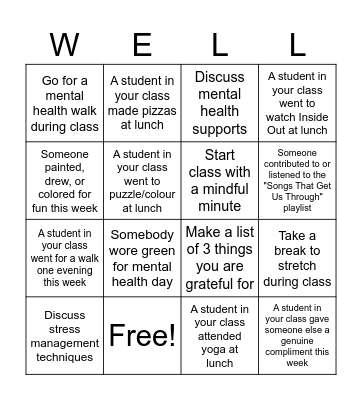 Mental Wellness Bingo Card