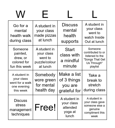 Mental Wellness Bingo Card
