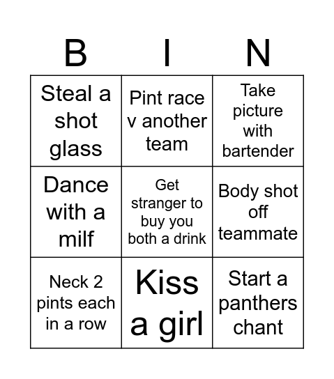 Panthers Pub Crawl Bingo Card