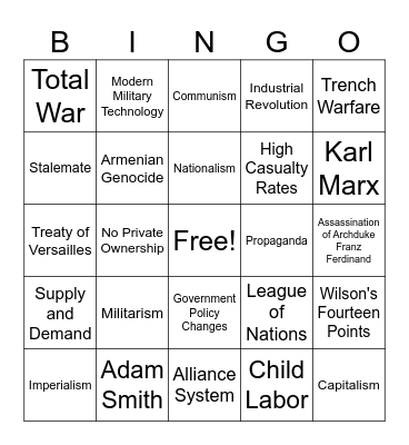 Station #4: WWI Bingo Card