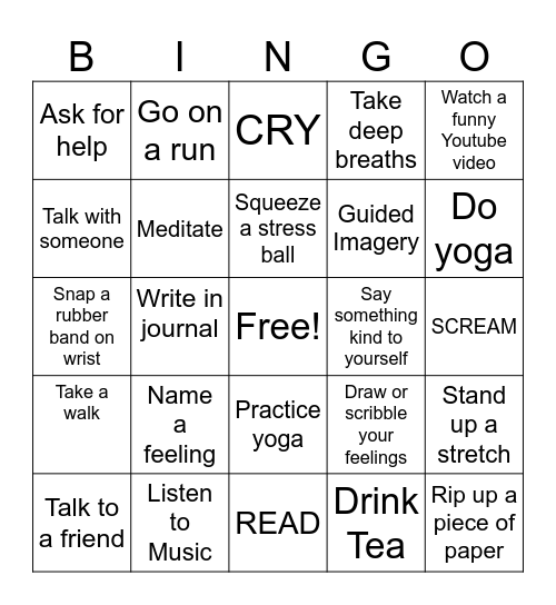 Coping Skills Bingo Card